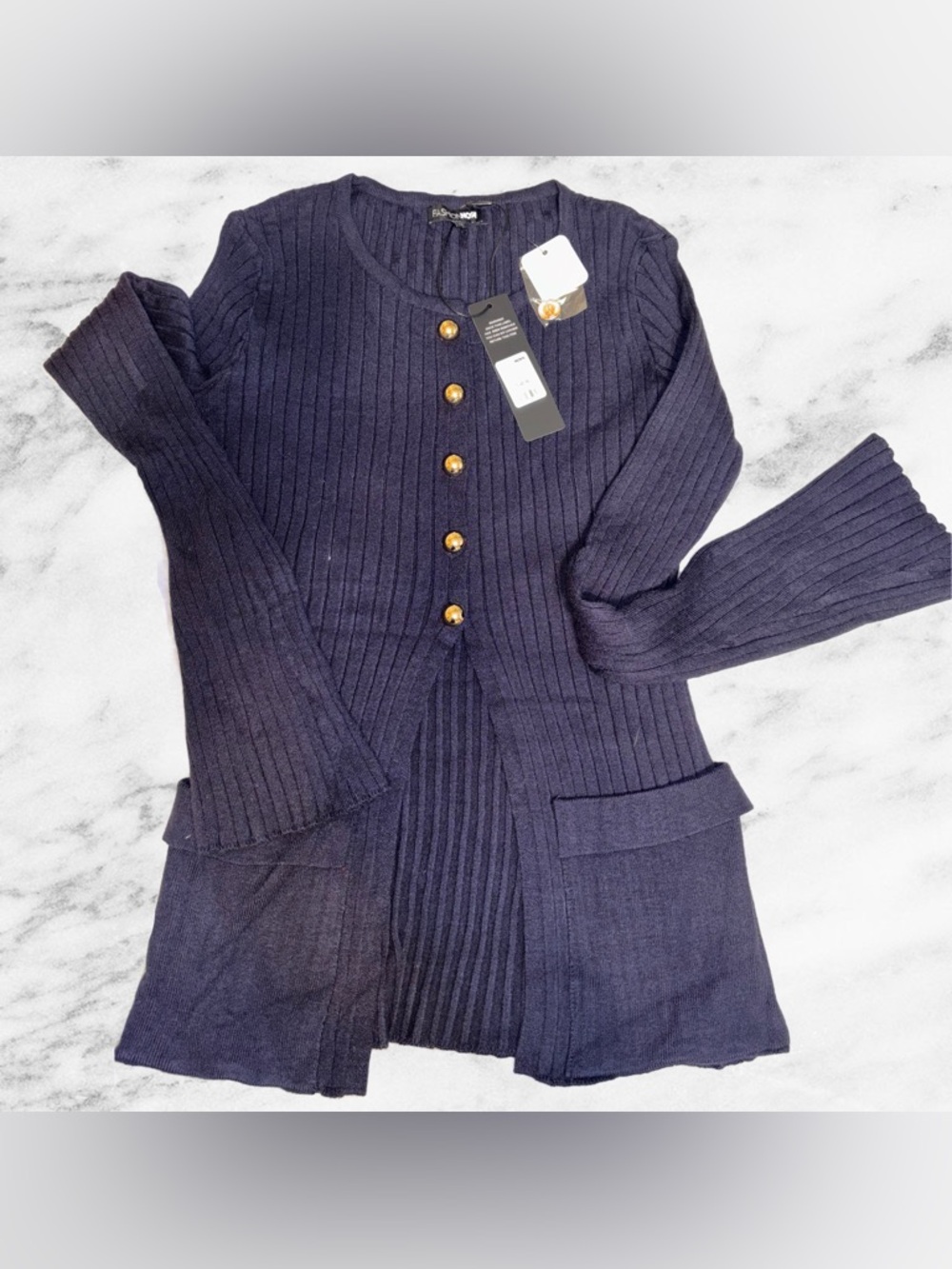 Fashion Nova Dark Navy Ribbed Button-Front Cardigan